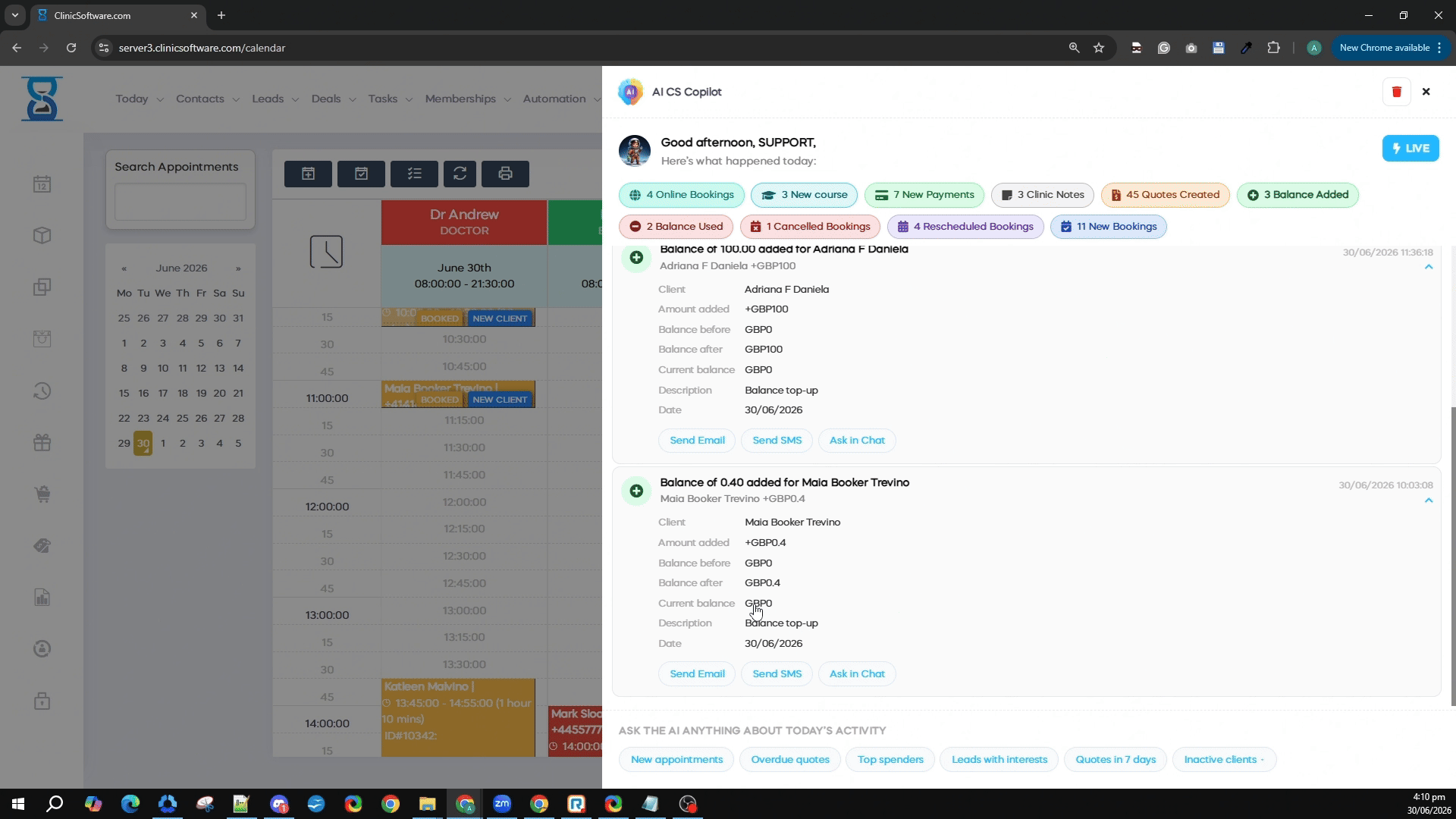 Expanded balance-added entries with client details and quick action buttons