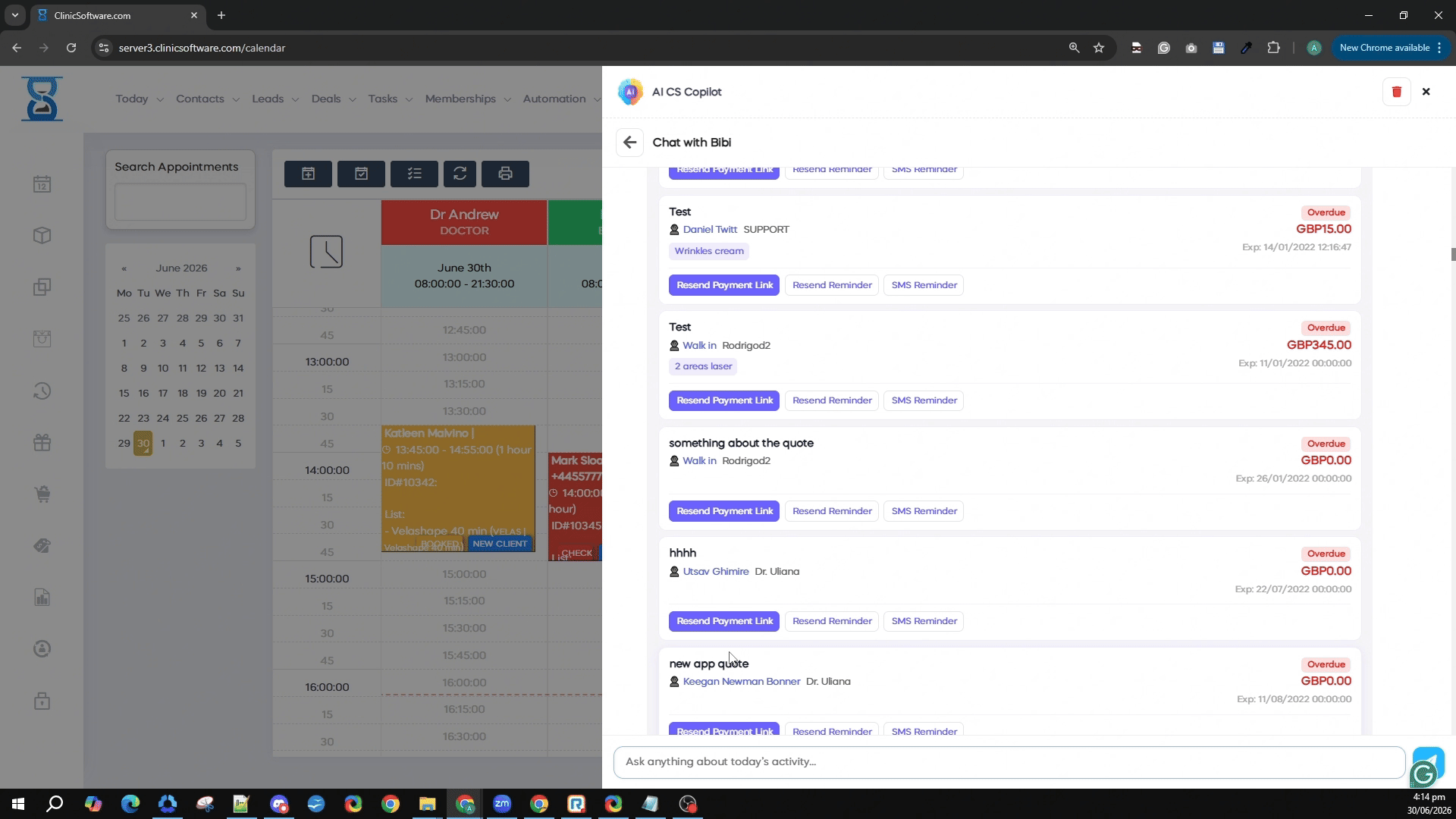 List of overdue quotes with resend payment link and reminder buttons